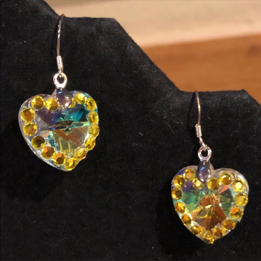 3/4” Iridescent Faceted Yellow Rhinestone Earrings